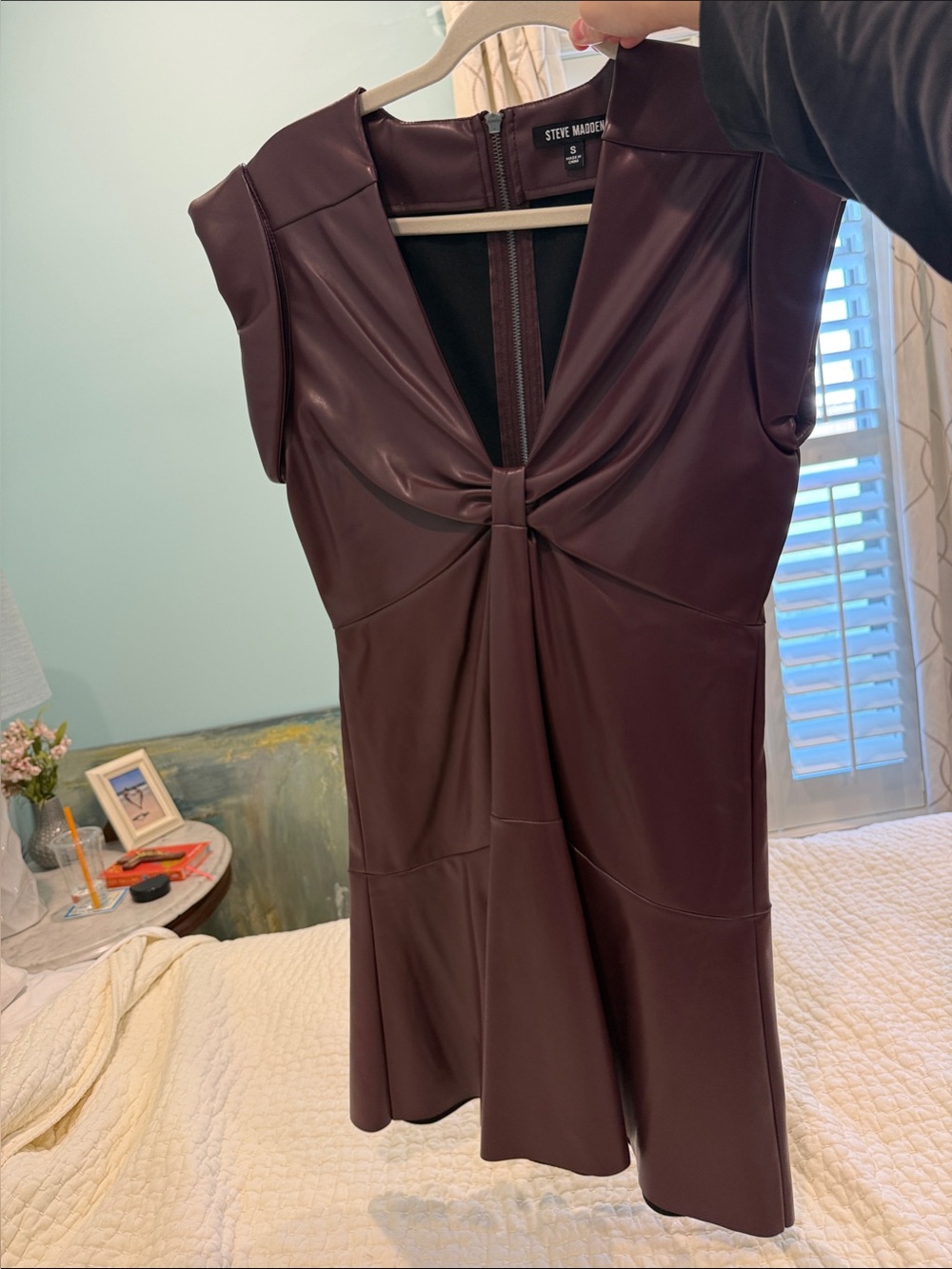 Steve Madden Plum Faux Leather Knot-Front Mini Dress